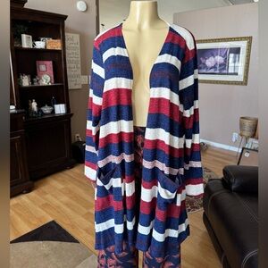 Lularoe Caroline red, white & blue striped long sleeve cardigan w/pockets-L-NWT